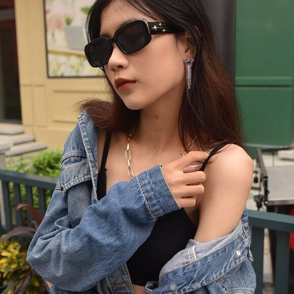 Women Jewelry | Red White | Blue Plexi Double Star | Drop Dangle Post Earrings - Picture 3 of 6